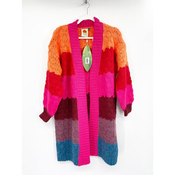 FARM RIO Sweater Cardigan Striped Rainbow Knit Puff Sleeve Open Front - Picture 2 of 7